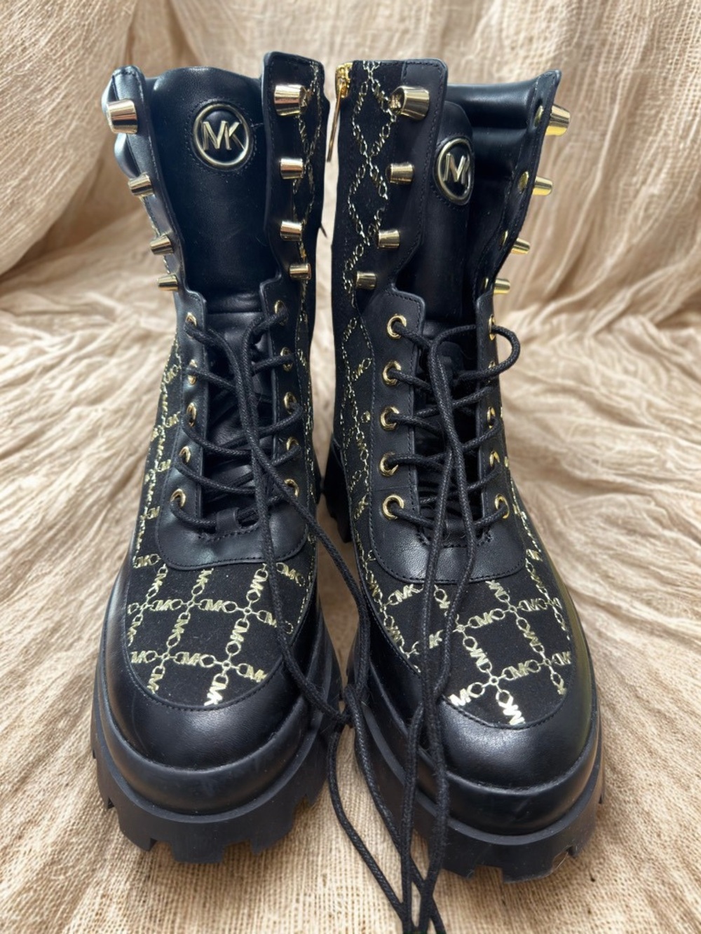 Michael Kors Black and Gold Logo Lace-Up Combat Boots